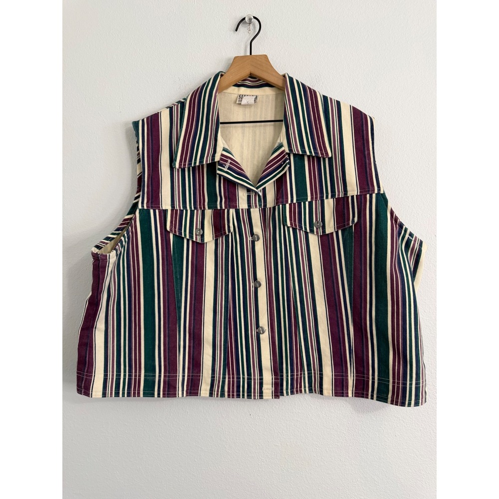 Vintage Stefano International - 100% Cotton Denim Striped Vest Plus Size